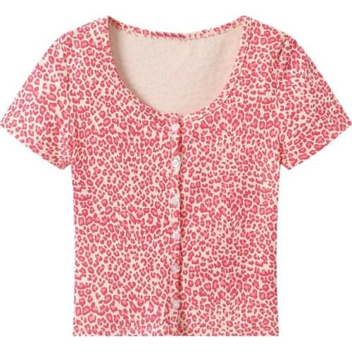 Slim girls vintage leopard short blouses 2020 summer fahsion ladies elegant bomb cotton shirts sexy female pink tops women chic