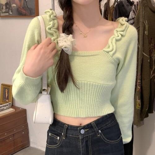 Japanese Vintage Square Collar Long Sleeve Sweater Korean Pullovers Jumpers 2021 New Fashion Slim Crop Sweaters