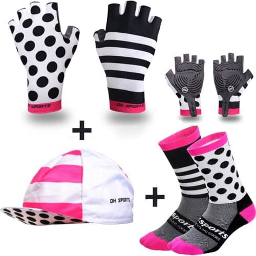 Ice fabric Pro Woman Road Bike Short Gloves High Elastic Half-Finger Gel Cycling Bicycle Glove Girl Sports Anti-slip+cap+socks