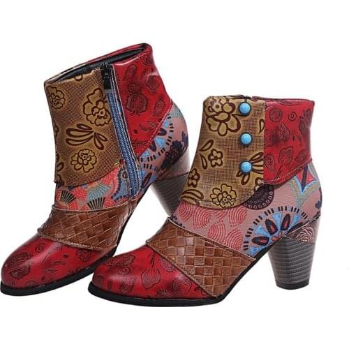 Womens Leather Ankle Booties, Bohemian Pattern Short Boots Flower Splicing Pattern Handmade Vintage Shoes Exotic Booties