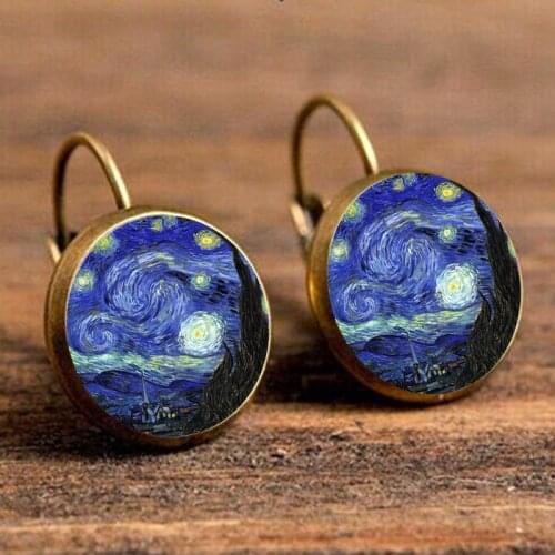 Retro Van Gogh Painting Stud Earrings Jewelry Starry Night Picture Round Glass Dome Studs Vintage Earings For Women