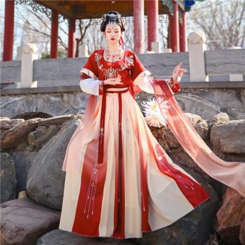Female Hanfu Chinese Traditional Elegant Costume Women Tang Dynasty Dunhuang Flying Dress Three-Piece Black/Red Hanfu DQL3891