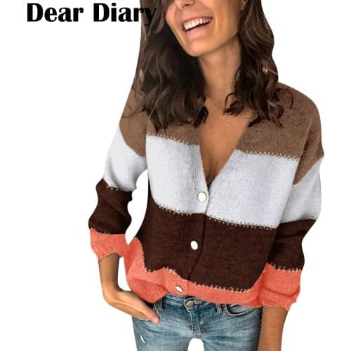 Womens Vintage Cardigan Button Striped V-neck Knitted Sweater 2021 Autumn Winter Warm Loose Sweaters Coat Female Jacket