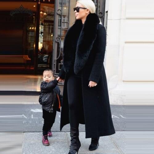 2020 new Fashion Wool Blend Jacket With Natural fox Fur Big Lapel Collar Long size Coat Genuine Leather Women Luxury Winter coat