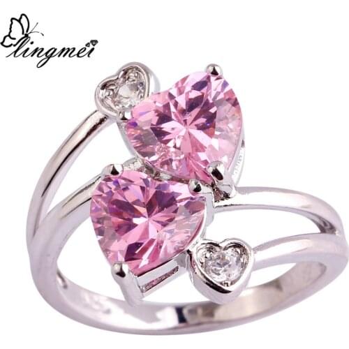 Lingmei Double Heart Pretty Romantic PinkWhite Yellow Cubic Zircon Ring Size 6-9 10 Women Jewelry Party Wholesale