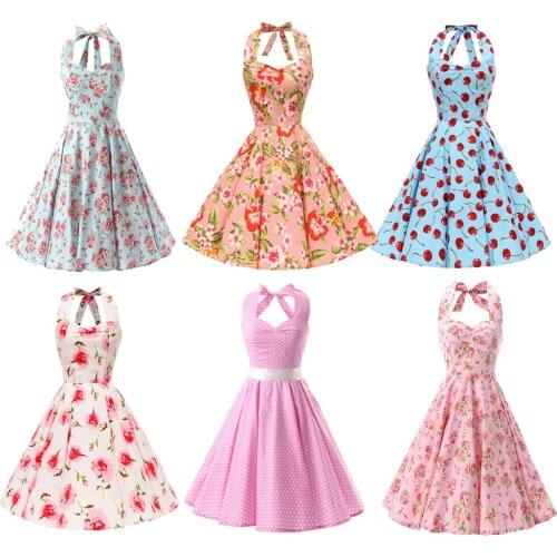 2021 Sexy Halter Summer Dress VD0745 Large Swing 100% Cotton Vintage Polka Dots Floral Print Retro Women Dress robe