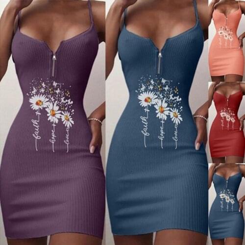 2021 Women Deep V Neck Dress with Zipper Sling Bodycon Dress Flower Print Knitted Summer Ladies Shoulder Strap Sleeveless Dress