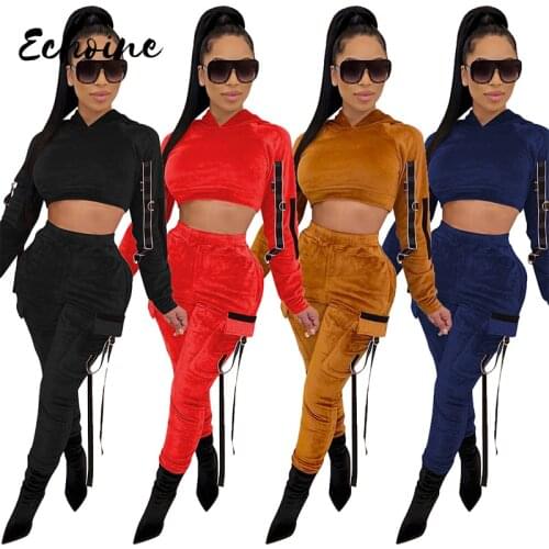 Winter Spring Womens Set Tracksuit Full Sleeve Velvet Hoodies + Ribbons Pants Suit Two Piece Set Casual Sportswear Outfits XXL