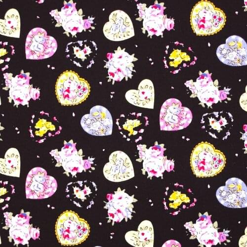 1 yard Cotton Poplin Fabric for sewing pathwork, dress, cloth, bedding - Heart and flowers on black background (width=140cm)