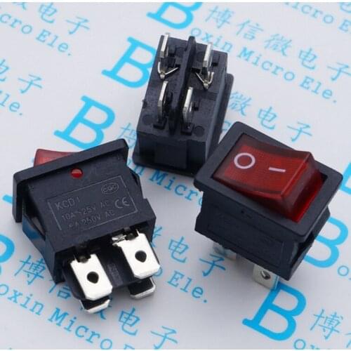 5PCS 21x15mm KCD1-104 Rocker power Switch With LED lights boat Red 4 pin 2 terminal Hole size 13*19mm 6A 250V 125V