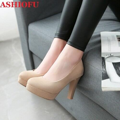 ASHIOFU Handmade Simple Style Ladies 10cm Thick Heels Pumps Slip-on Party Office Dress Shoes Platform Sexy Fashion Court Shoes