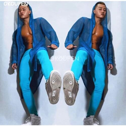 Bar nightclub ds mens performance show costume blue party perspective sexy costumes openwork jacket