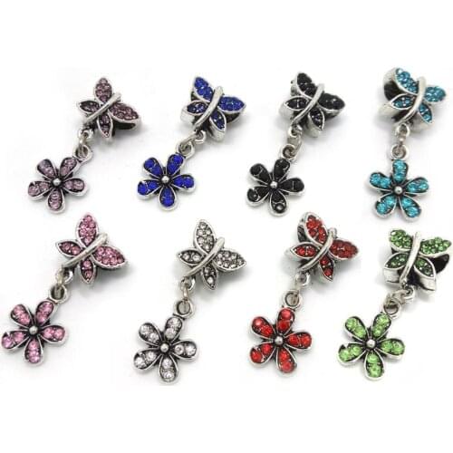 Free shipping 30pcs 30x12 mix color rhinestone butterfly love flower big hole alloy beads fit European bracelet DIY