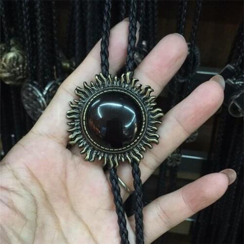 Bolo Tie Retro shirt chain Imitation of obsidian sun Poirot led rope leather necklace Long tie hang