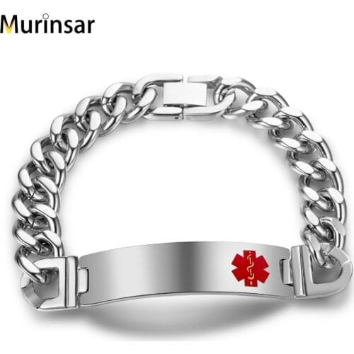 Free Engraving Blank Stainless Steel Medical Alert Disease Awareness Steel Link Chain Red Alert ID For Bangle Man Gift Jewelry