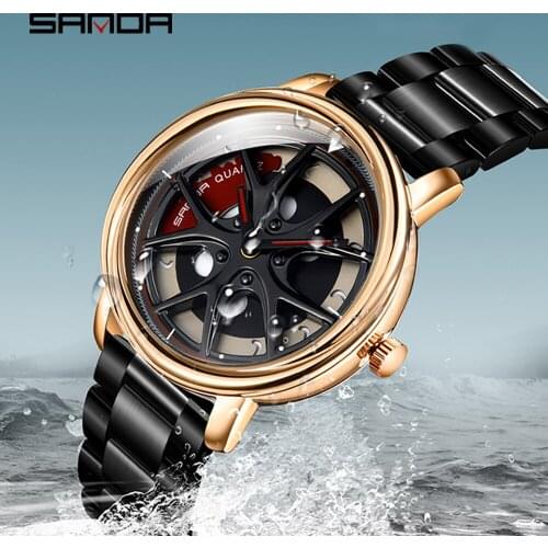 SANDA Men Rim Hub Watch Creative Custom Car WristWatch Stainless Steel Wheel Rotating dial Watches Man Watch Relogio Masculino