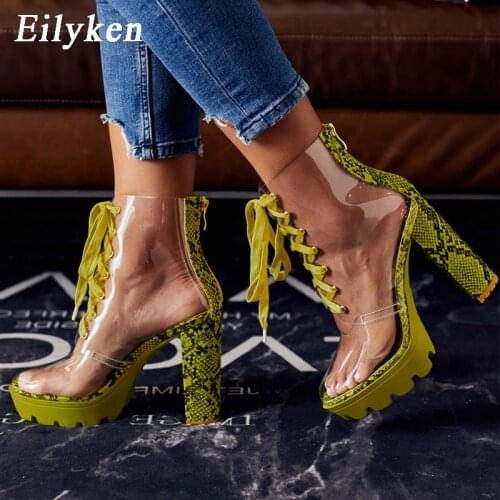 Eilyken Sexy PVC Transparent Round Toe Platform High Heels Ankle Cross Lace-up Zipper Boots Fashion Snake grain Women Shoes