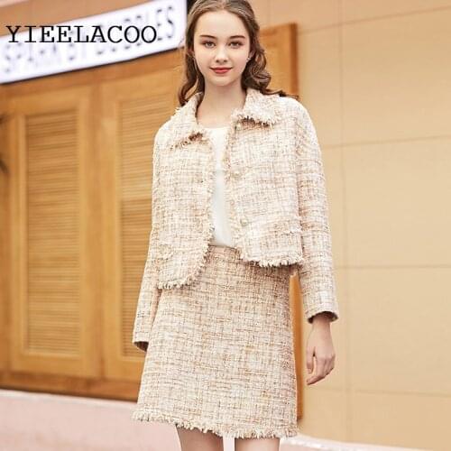 Khaki tweed jacket + skirt suit fashion woolen ladies 2 piece skirt suit 2020 spring / autumn / winter womens jacket suit