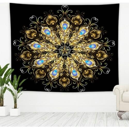 Indian Black Golden Flower Tapestry Vintage Exotic Summer Mandala Frame for Bedroom Photography Wall Decor