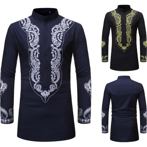 2019 African National Style Men Vintage Harajuku Printed Long Sleeve Stand Collar Floral Shirt Men Casual Long section Shirt