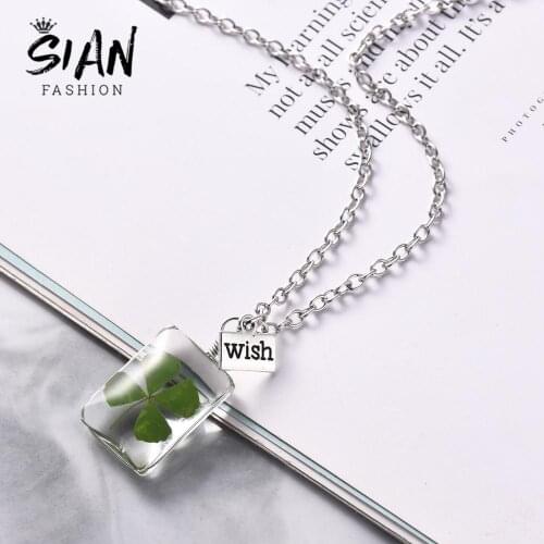 SIAN New Arrival Square Shape Four Leaf Clover Necklace Fashion Design Glass Transparent Pendant Natural Leaf Silver Color Chain