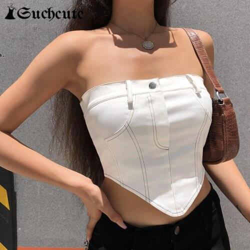 SUCHCUTE Streetwear Summer Women Camis Harajuku Casual Vintage Y2K Tops Off Shoulder Button Kawaii Vest Sleevelss Outfits 2021