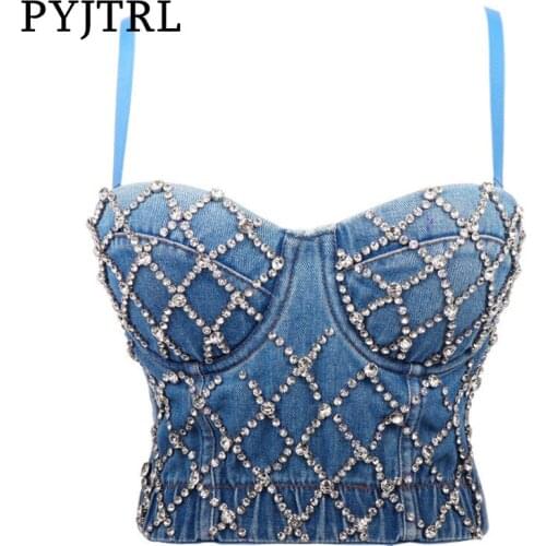PYJTRL Women Luxurious Sexy Denim Beaded Performance Clothing Stage Singers Midriff-baring Tops Night Club Party Dance Camisole