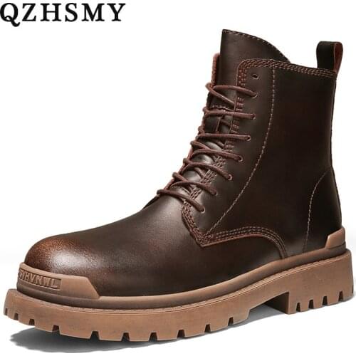 QZHSMY High Quality Genuine Leather Mens Martin Boots Autumn Winter Brand Short Boots Black Fashion Luxury Ankle Boots