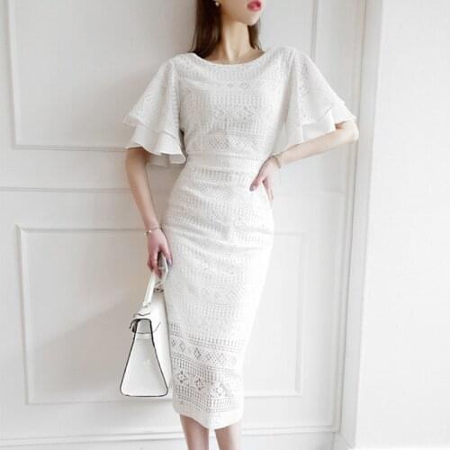 2020 Summer Elegant Two-Layers Flare Sleeve Lace Dress Women Casual Brief White O-neck Hollow Out Sexy Midi Bodycon Dress