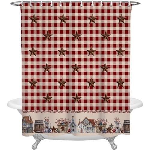 Country Star Berry Retro Red Plaid Shower Curtain Waterproof Polyester Fabric Shower Curtains Home Decoration Curtain with Hook