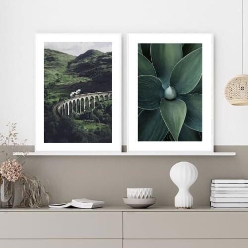 Green Agave Leaf Canvas Poster Nordic Painting Mountain Train Tree Landscape Wall Art Modern Living Room Home Decor Wall Picture