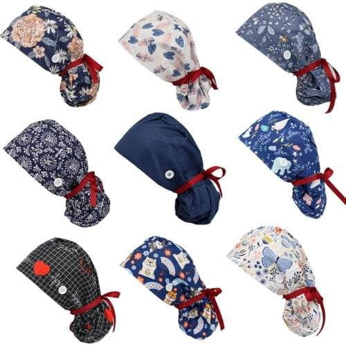 Women Long Hair Adjustable Working Cap with Sweatband Buttons Cartoon Floral Print Ponytail Holder Tie Back Bouffant Hat