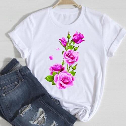 T-shirts Women Aesthetic Flower Korean Kawaii Office 2021 Sweet Cute Clothes Stylish Tshirt Top Lady Print 2021 Tee T-Shirt