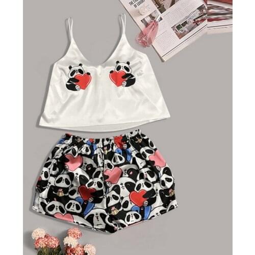 Women Print Pajama Set Sexy V Neck Silk Sleepwear Satin Night Home Wear Sleeveless Top & Shorts 2021