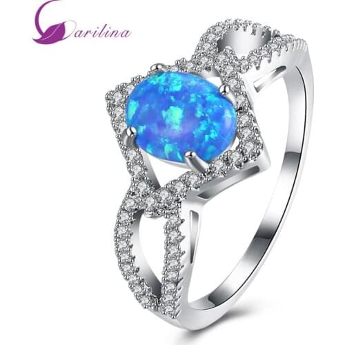 Cute Jewelry Silver Color Fire Blue Opal Ring With AAA Cubic Zirconia Party Gift Wedding Anniversary Womens Ring R2096