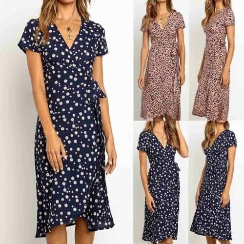 2019 Newest Hot Women Summer Sexy Short Sleeve V-NECK Maxi Dress Ladies Leopard Boho Style Evening Party Beach Dresses Sundress