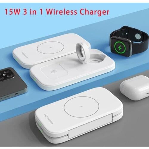 3 in 1 Wireless Charger 15W For iPhone iWatch Airpods Foldable Portable Qi Fast Charging Dock Station Magnetic Charger