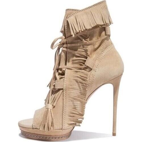 Fringed High Heel Ankle Boots Open toe Lace-up Tassel Ankle Boots Fashion Gladiator Sandal Boot Womans Plus Size 10