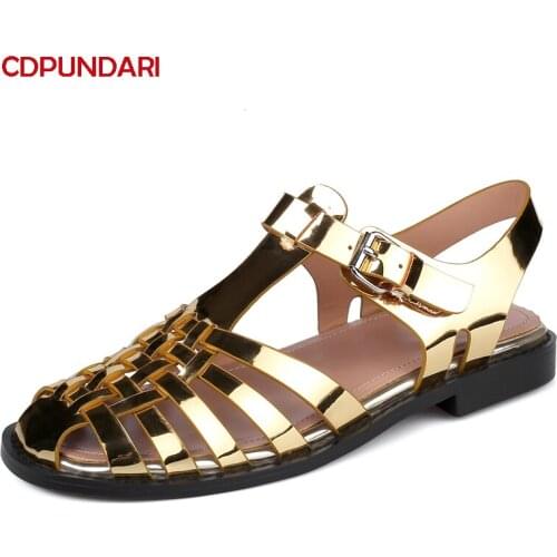 Golden Black Ladies T-Strap Genuine Leather Low Heels Sandals Women Summer Casual Shoes sandales femmes 2021 Sandalias Mujer