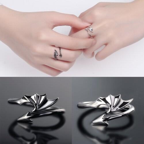 Ins Enamel Romantic Black And White Angel Devil Wings For Men And Women Adjustable Wedding Pairing Ring Couple Engagement Gift