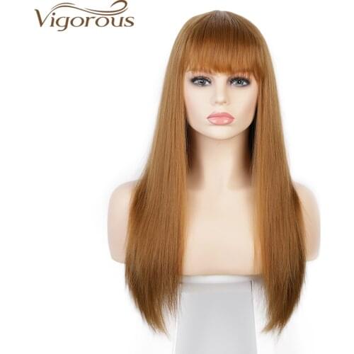 Vigorous Long Straight Wigs with Bangs Light Brown Synthetic Wigs For Women Natural Fake Hair Heat Resistant Fiber