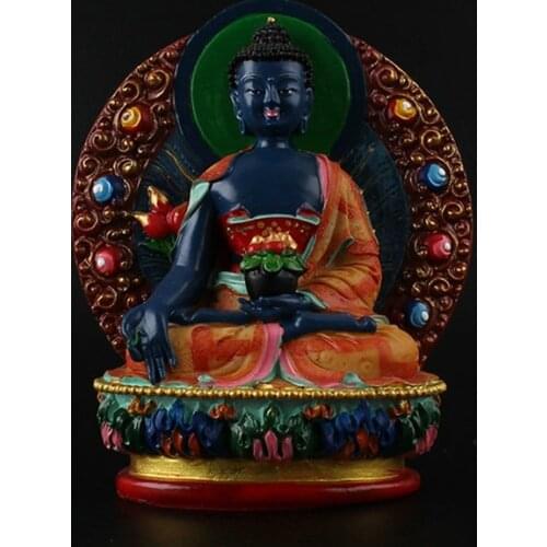 12cm Pharmacist Resin Buddha Figurine, Bodhisattva Delicate Hand Blue Plated Buddhist Tibetan Medicine Figure Buddha Statue