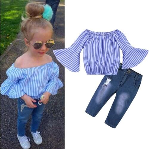 Fashion Girls Striped T-shirt + Jeans 2pcs Clothes Set Girls Strapless Outfits Denim Pants Clothing Sets For Kids Costume Roupas