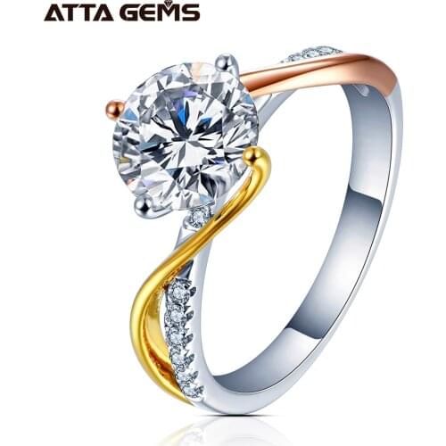 ATTAGEMS 7.5mm 2.0ct D Color Round 18K White Gold Plated 925 Silver Moissanite Ring Diamond Test Passed Jewelry Gift for Women