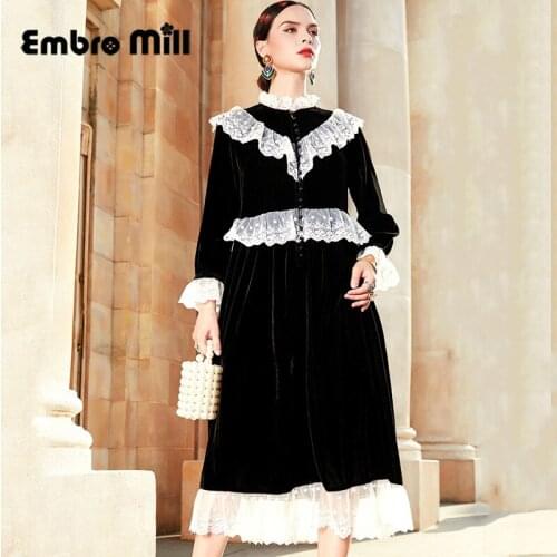 Lace Spliced Velvet Black New Autumn And Winter Street Style Butterfly Sleeve High Waist Mid-Length Lady Dress M-XXL
