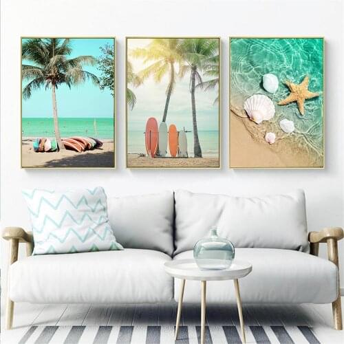 Summer Beach Travel Landscape Poster Starfish Shell Wall Art Yacht Touring Car Canvas Painting Coconut Tree Art Print Home Decor
