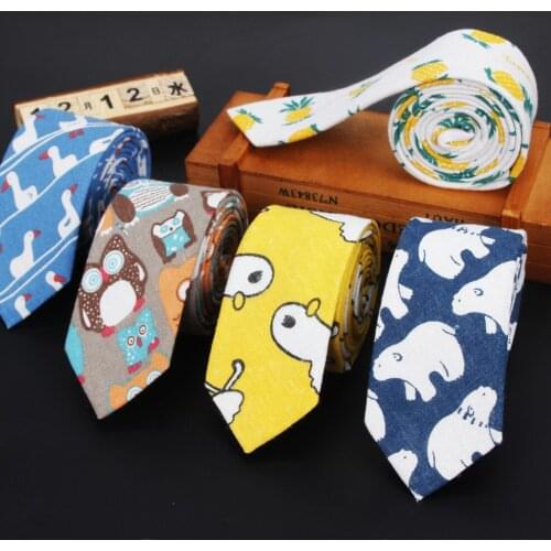 Linen Cotton Cartoon Tie For Men Women Skinny Neck Tie For Wedding Casual Animal Neckties Classic Suits Funny Slim Neck Ties
