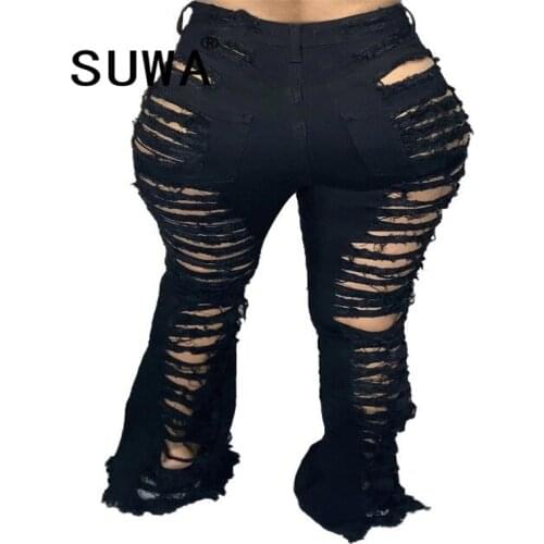 Fashion Classic Hole Denim Flare Pants Trousers Women Wholesale Clothing High Waist Jeans Dance Vintage Casual Skinny Leggings