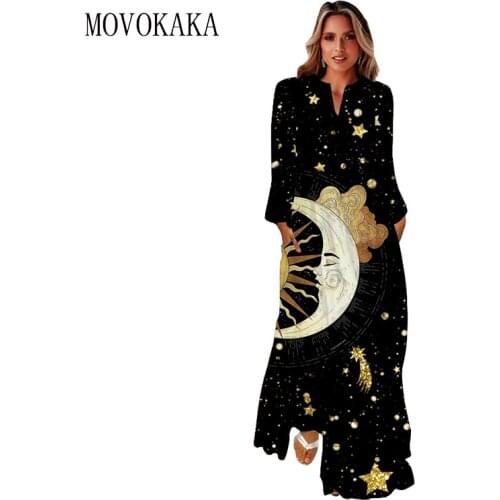 MOVOKAKA 3D Moon Stars Printed Autumn Dress 2021 Casual Long Sleeve Breathabl Long Dresses Woman Elegant Girls Black Dress Women
