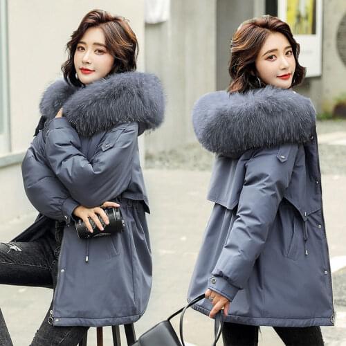 Women 2020 Winter New Cotton Liner Parker Parka Fashion Fur Collar Hooded Jacket Coat Female Casual Thicken Warm Outerwear C50